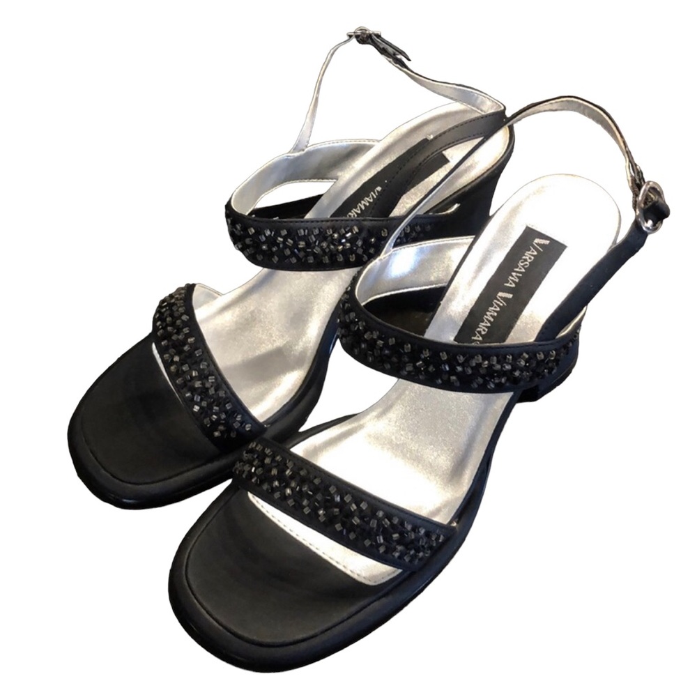 NWT black strappy chunky heel bead sequin sandals